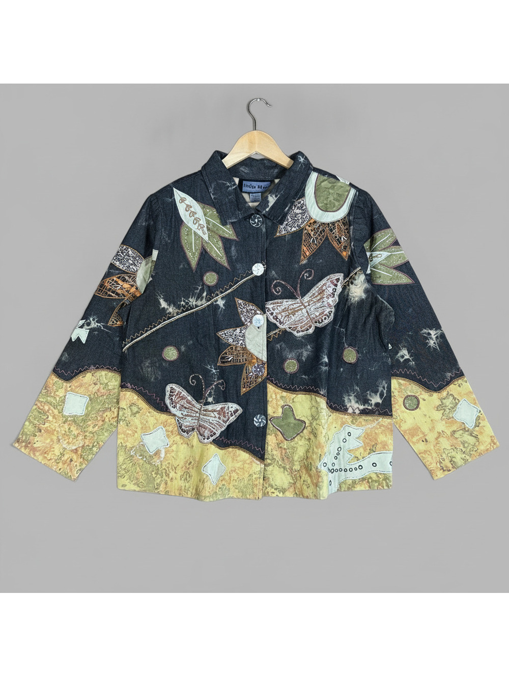 Vintage Indigo Moon Black Butterfly Patchwork Jacket Embroidered Boho 1X Whimsy